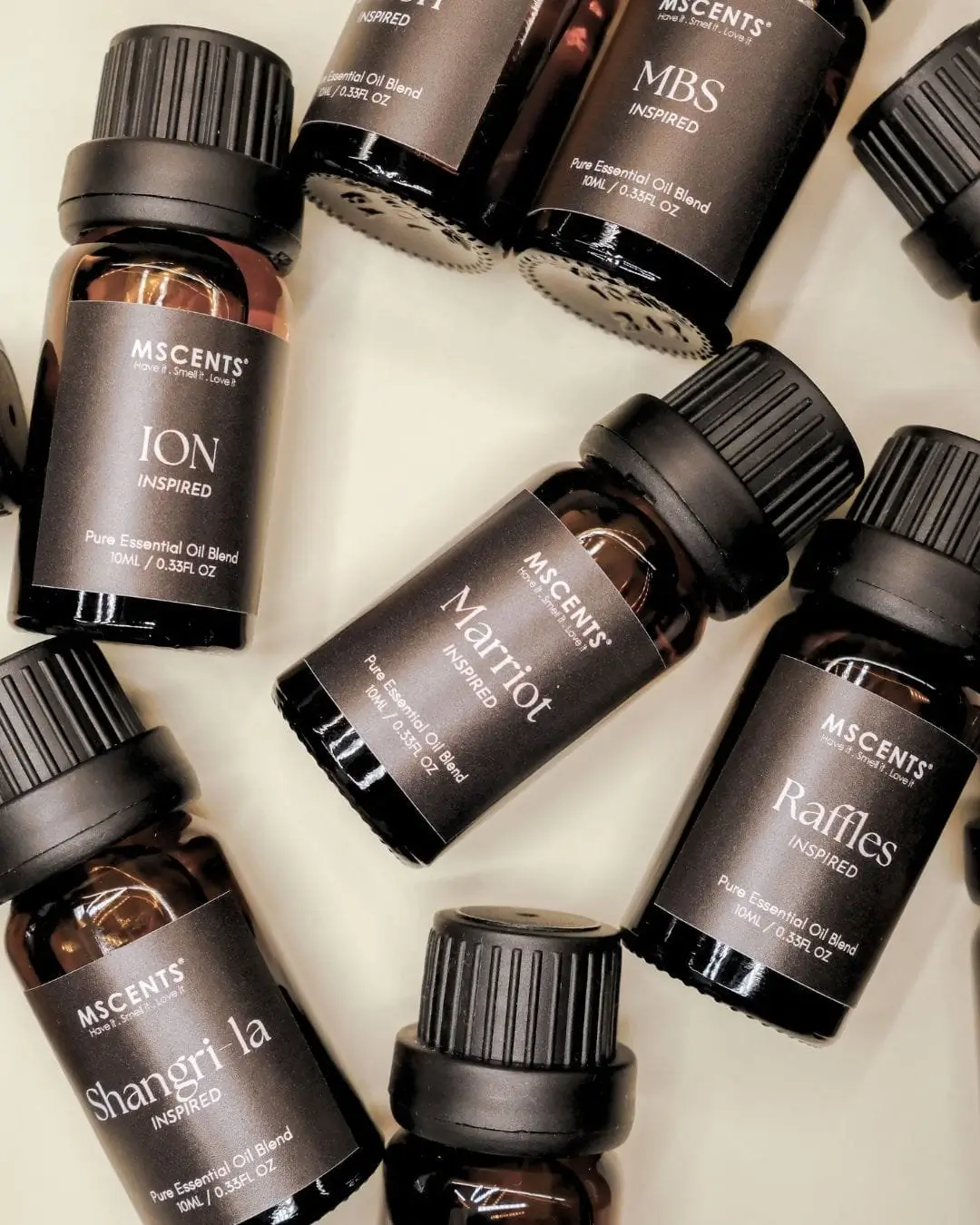 Close up image of different aromatherapy oils by MScents scenting Singapore