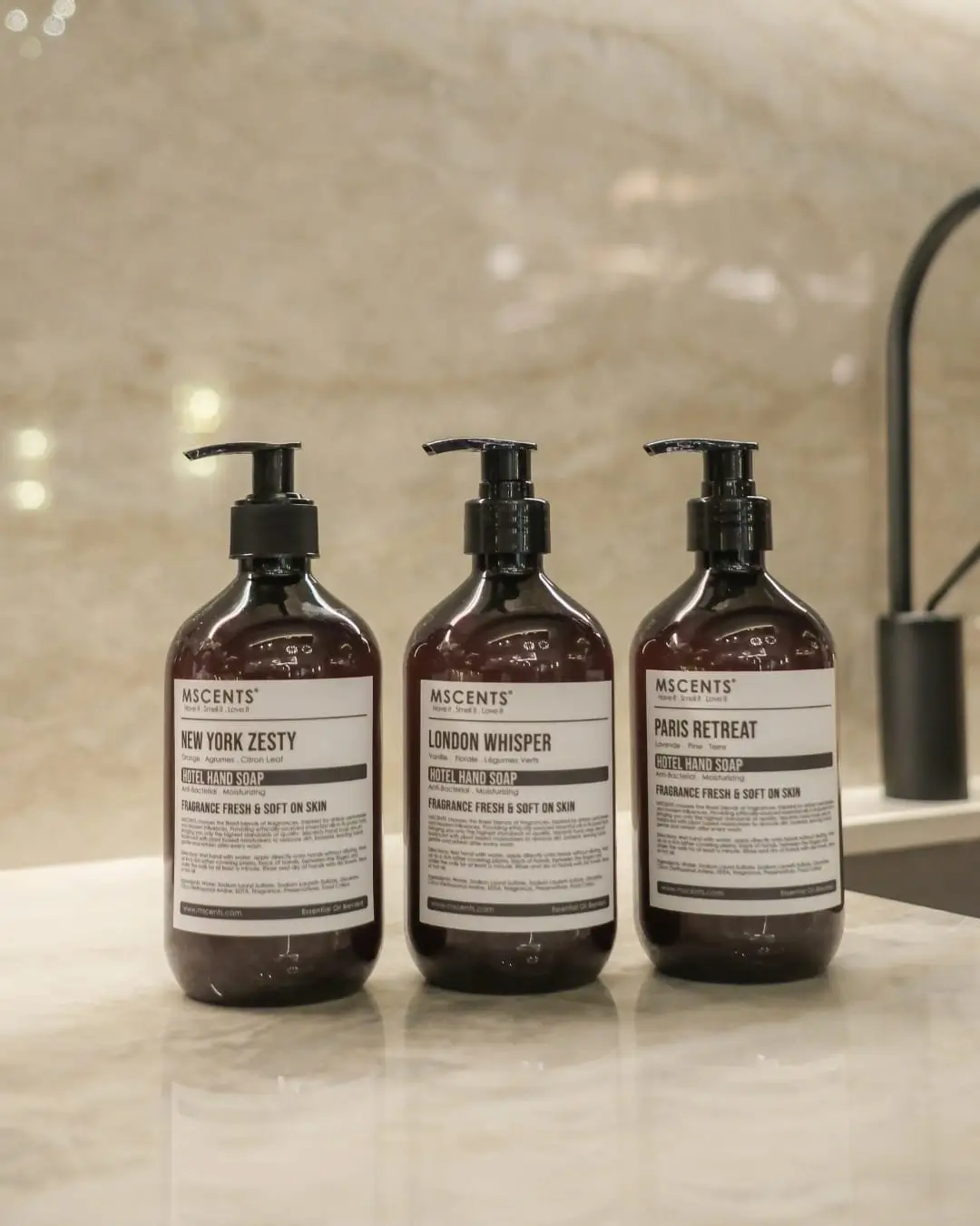 3 bottles of MScents luxury hotel hand soap full collection