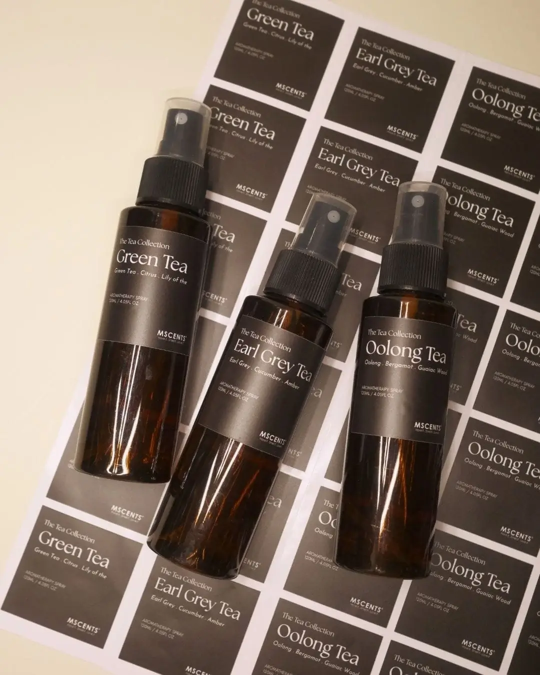 Top view shot 3 bottles of MScents tea collection aroma spray