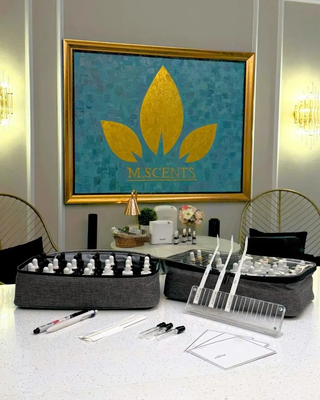 Large MScents logo and various products displayed in MScents office