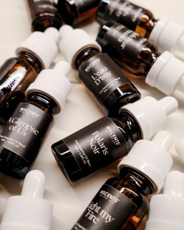 Different MScents essential oils in small bottles
