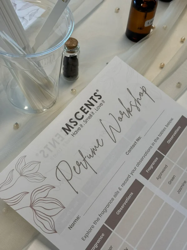 Mscents perfume making form beside a small bottle

