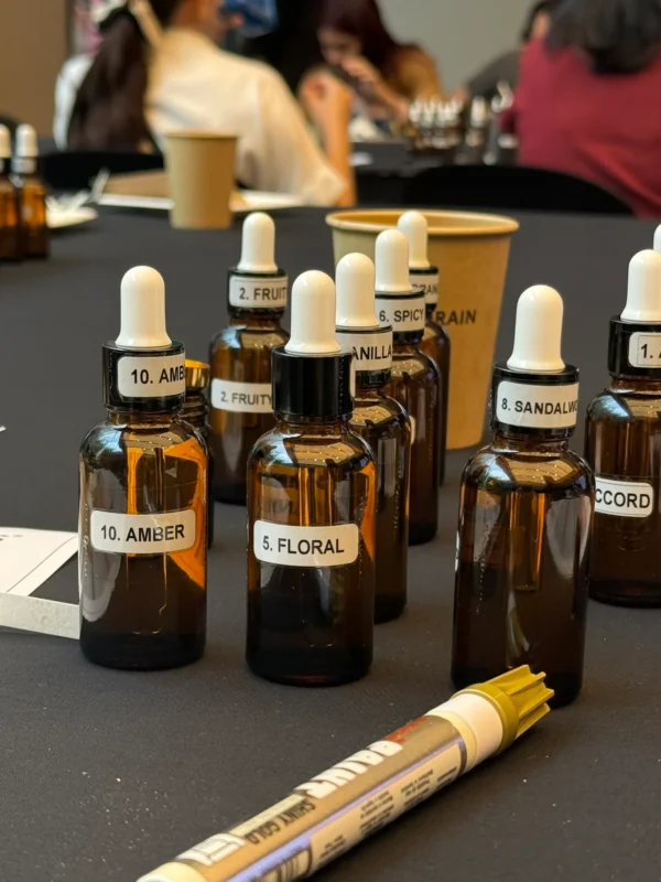Bottles of fragrances for perfume blending class
